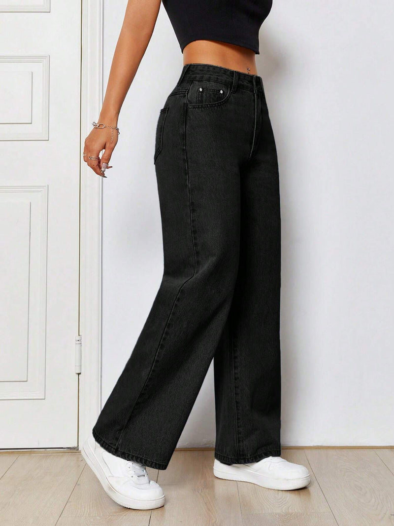 PETITE Jeans de pierna recta y diseno de bolsillos oblicuos y rotos, perfectos para salidas informales