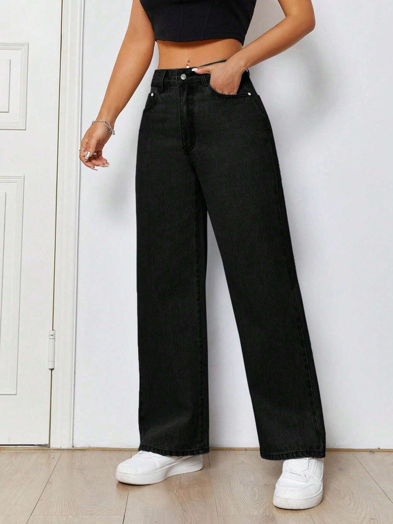 PETITE Jeans de pierna recta y diseno de bolsillos oblicuos y rotos, perfectos para salidas informales