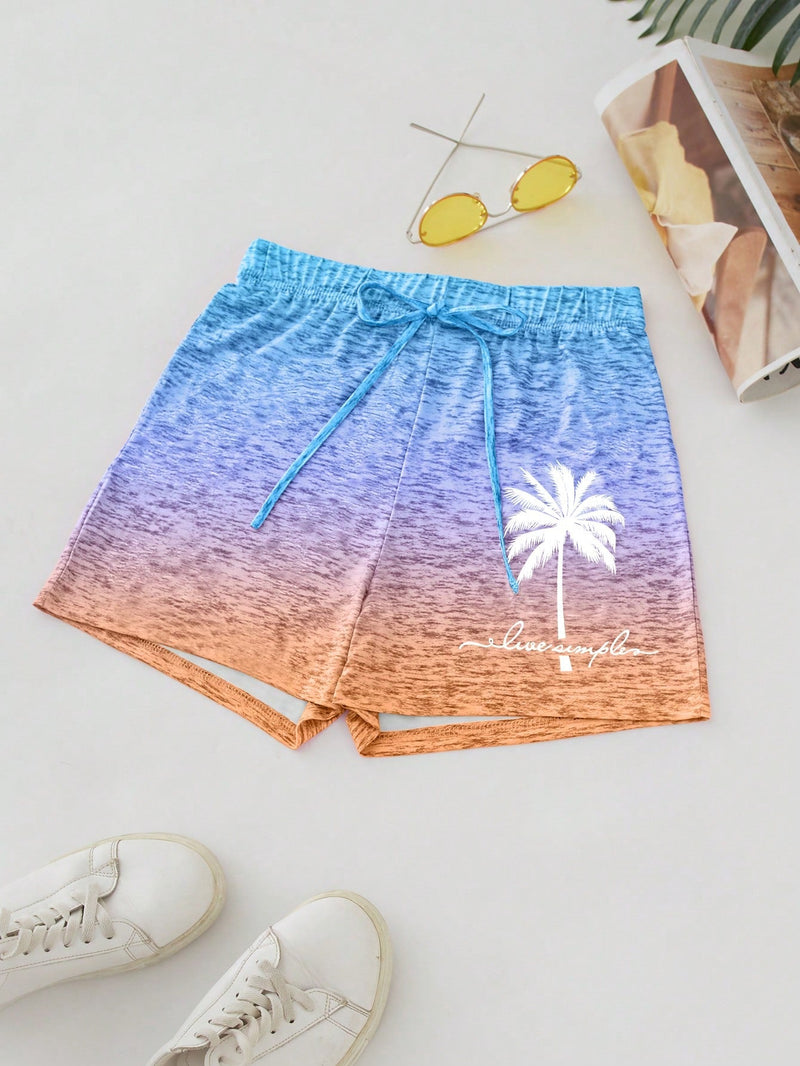 LUNE Shorts sueltos con cordon y estampado de palmeras para mujer de estilo vacacional