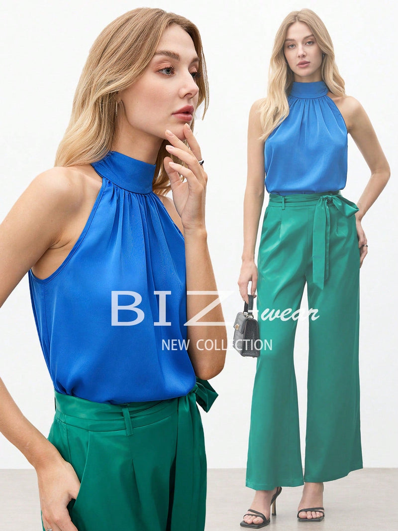 BIZwear Top De Cuello Halter Con Pliegues Solidos Y Cuello Alto Para Mujer