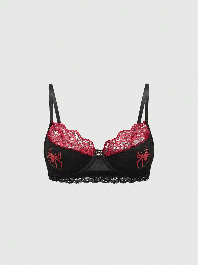 ROMWE Grunge Punk Sujetador tipo Bralette con patron oscuro de aranas Punk, refuerzo de aro e insercion de encaje