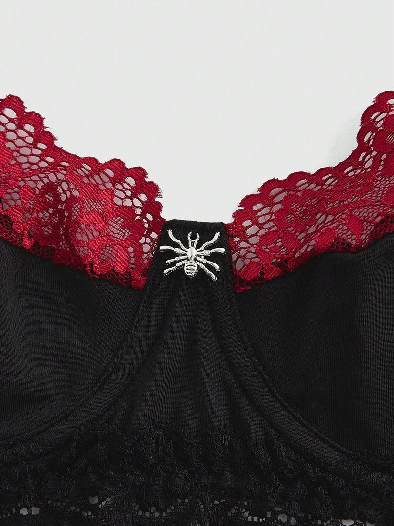 ROMWE Grunge Punk Sujetador tipo Bralette con patron oscuro de aranas Punk, refuerzo de aro e insercion de encaje