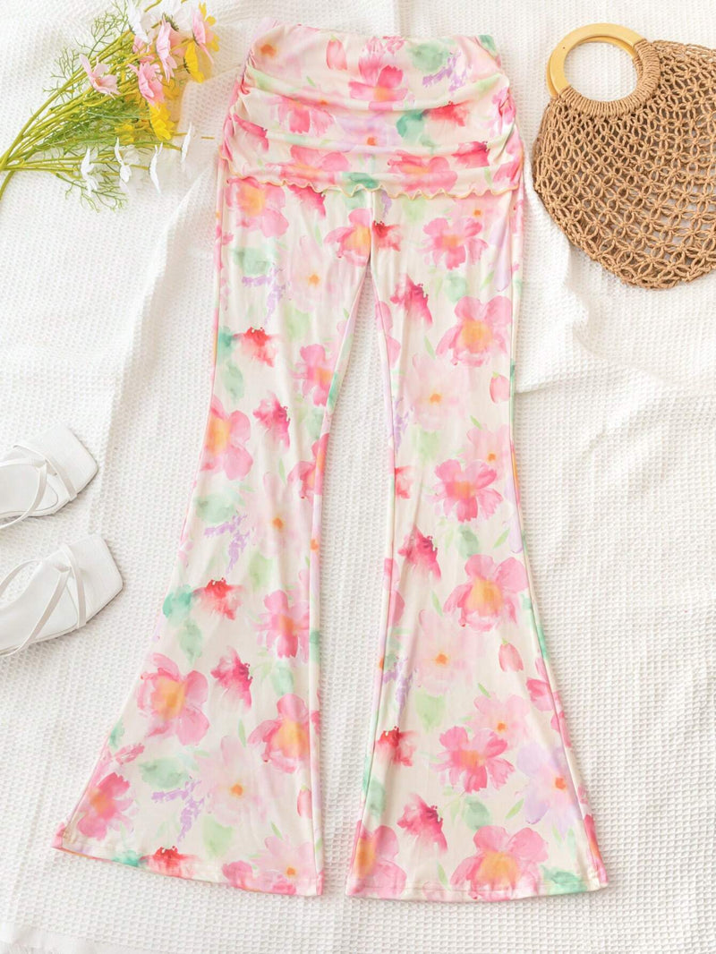 WYWH Pantalones Acampanados Con Volantes Y Estampado Floral De Pintura Al Oleo Romantica Del Campo Para Mujeres En Vacaciones