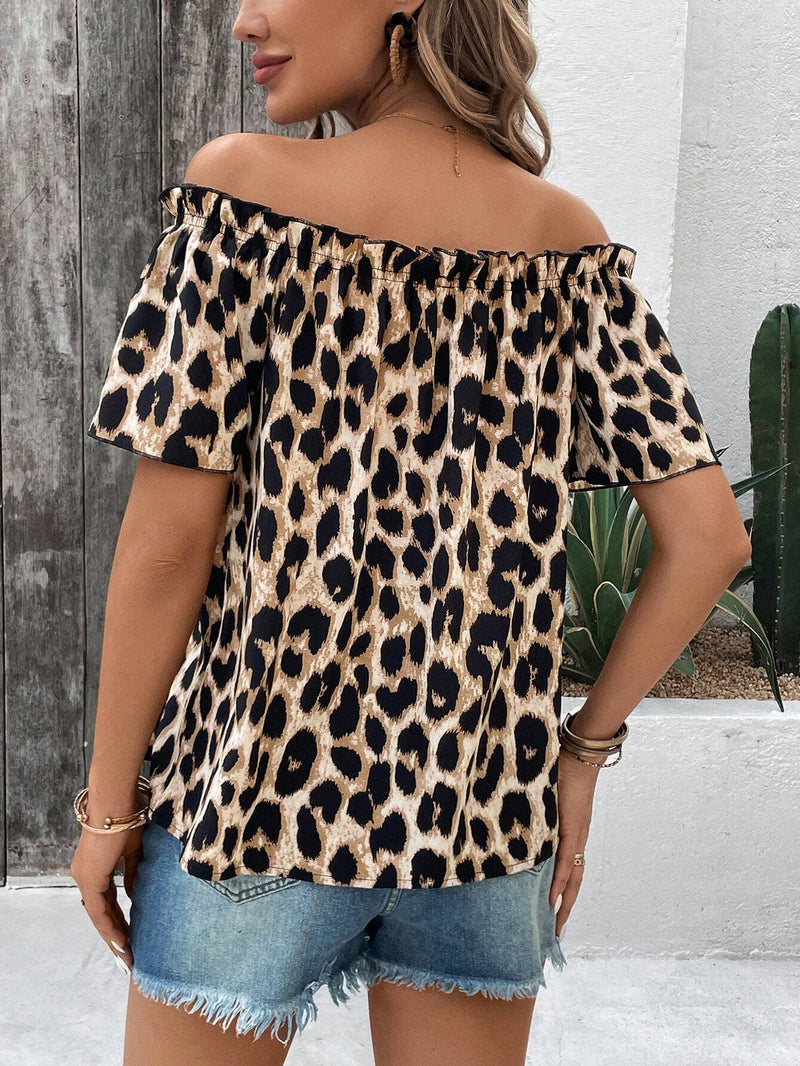 Camisa de estampado de leopardo de hombros descubiertos para mujer de verano para uso casual y vacaciones del Dia de la Madre en el Festival de Musica del Campo