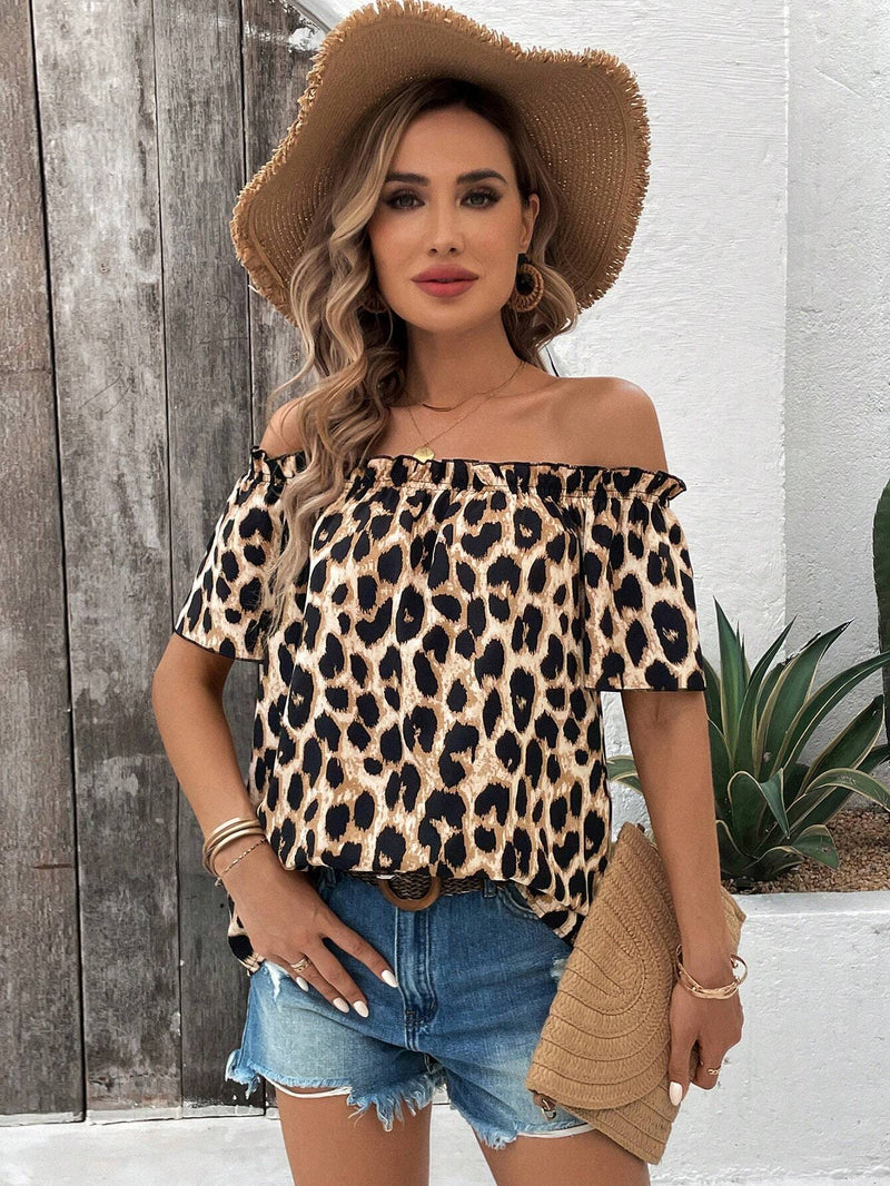 Camisa de estampado de leopardo de hombros descubiertos para mujer de verano para uso casual y vacaciones del Dia de la Madre en el Festival de Musica del Campo