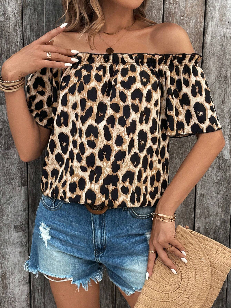 Camisa de estampado de leopardo de hombros descubiertos para mujer de verano para uso casual y vacaciones del Dia de la Madre en el Festival de Musica del Campo