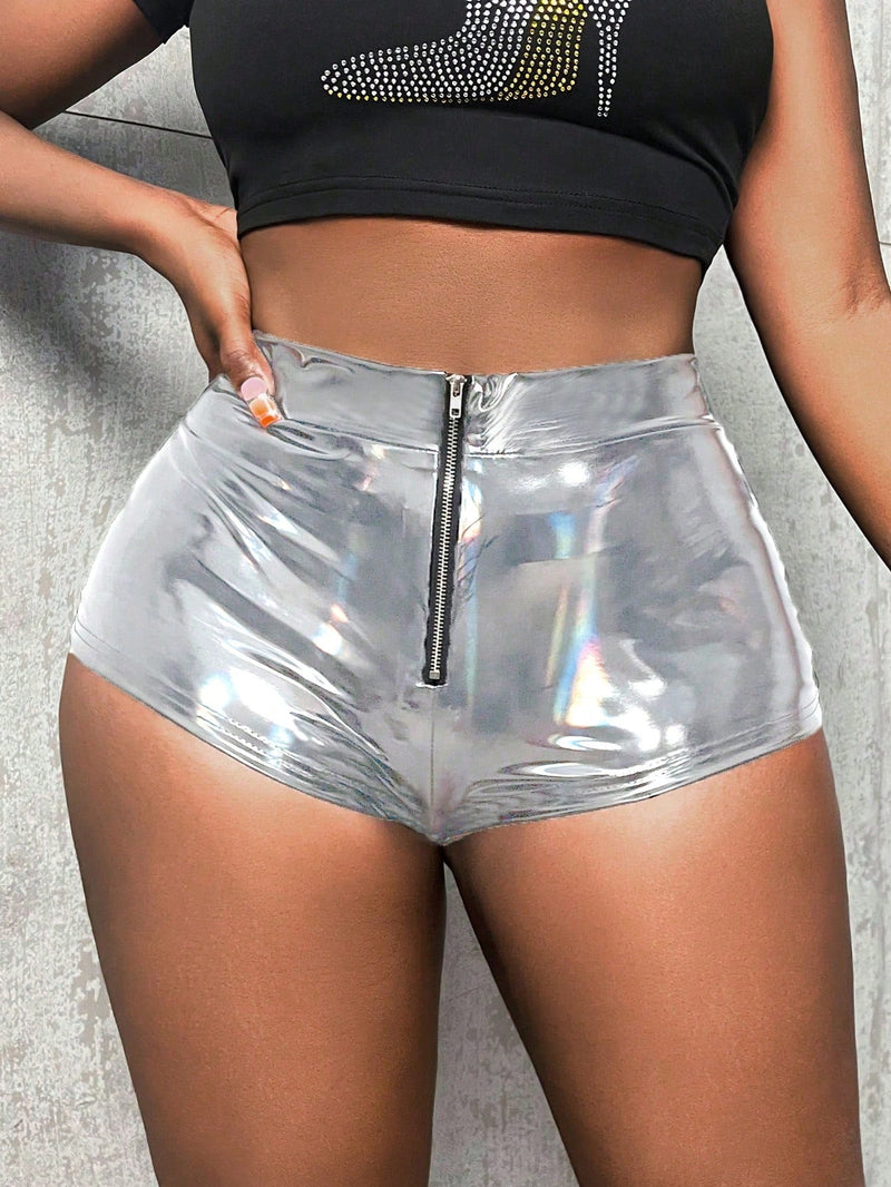 Slayr Pantalones cortos ajustados brillantes con cremallera frontal para mujer