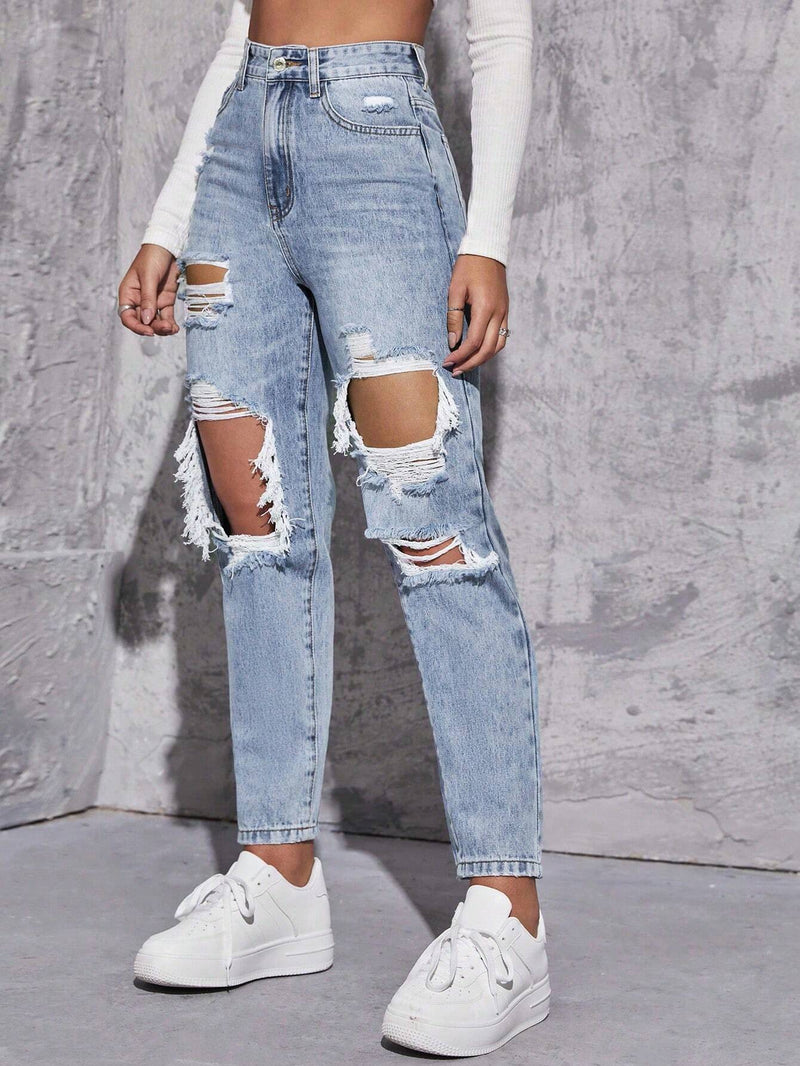 EZwear Mujeres Jeans casuales sueltos de estilo recto con agujeros rasgados y bolsillos