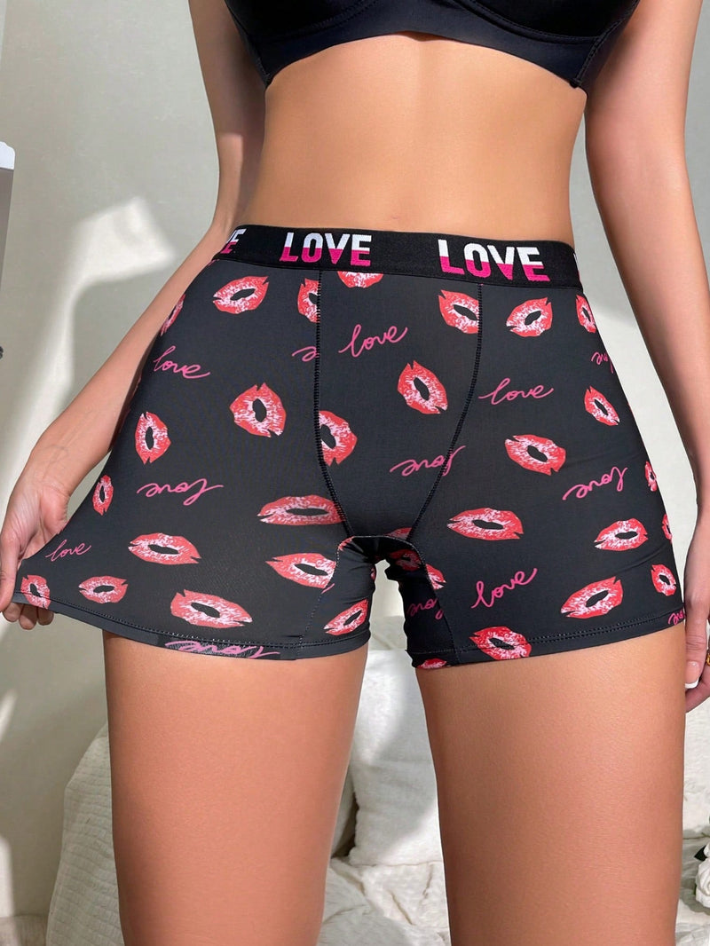 Pantalones cortos de boxeador impresos para mujer con labios romanticos y letras 1 pieza