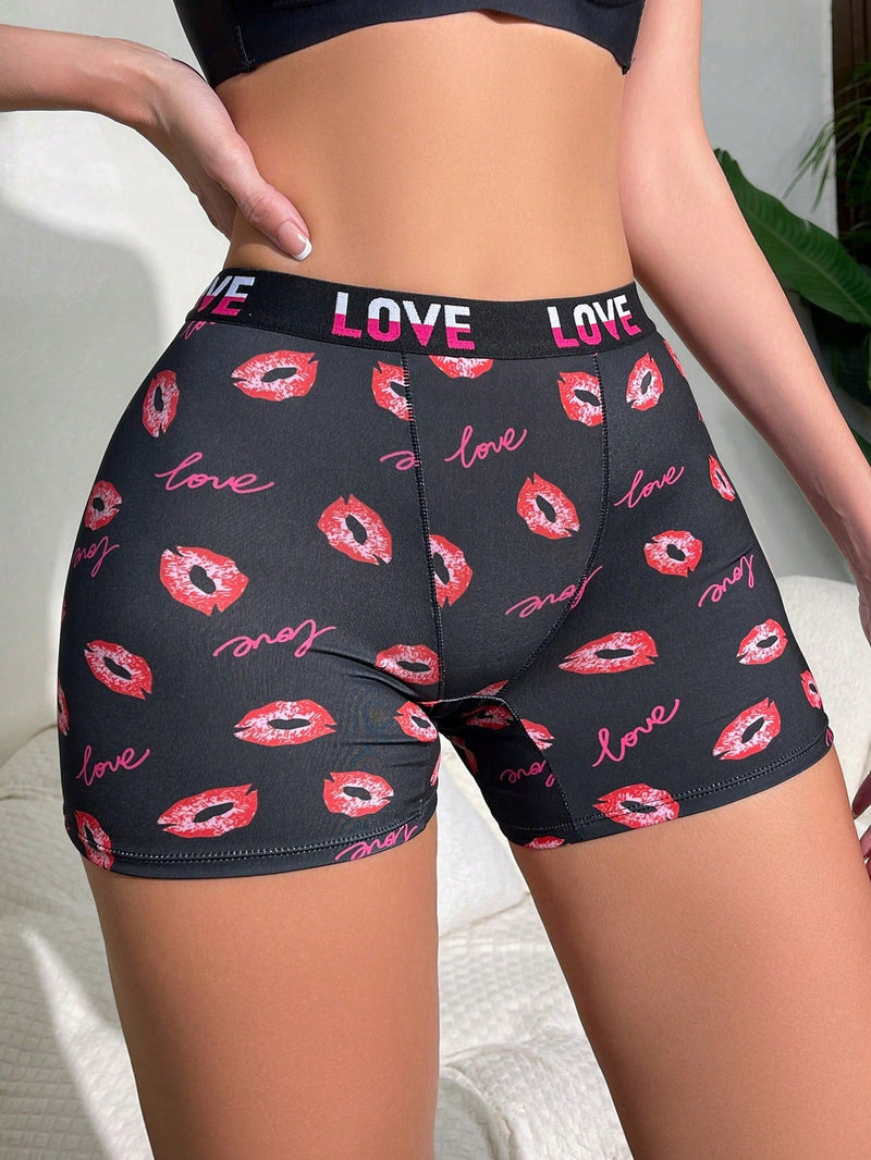 Pantalones cortos de boxeador impresos para mujer con labios romanticos y letras 1 pieza