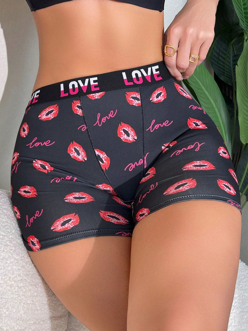 Pantalones cortos de boxeador impresos para mujer con labios romanticos y letras 1 pieza