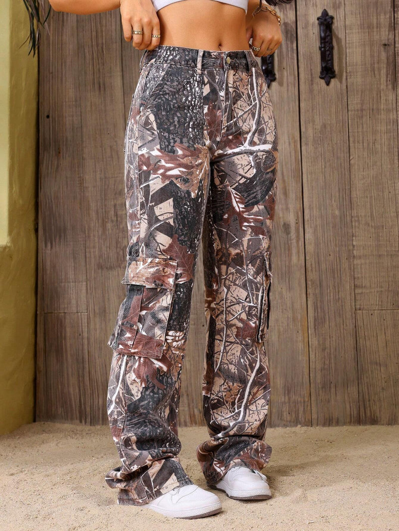 Tall Pantalones Jeans informales de mezclilla para mujer con estampado de graffiti y bolsillos de corte holgado