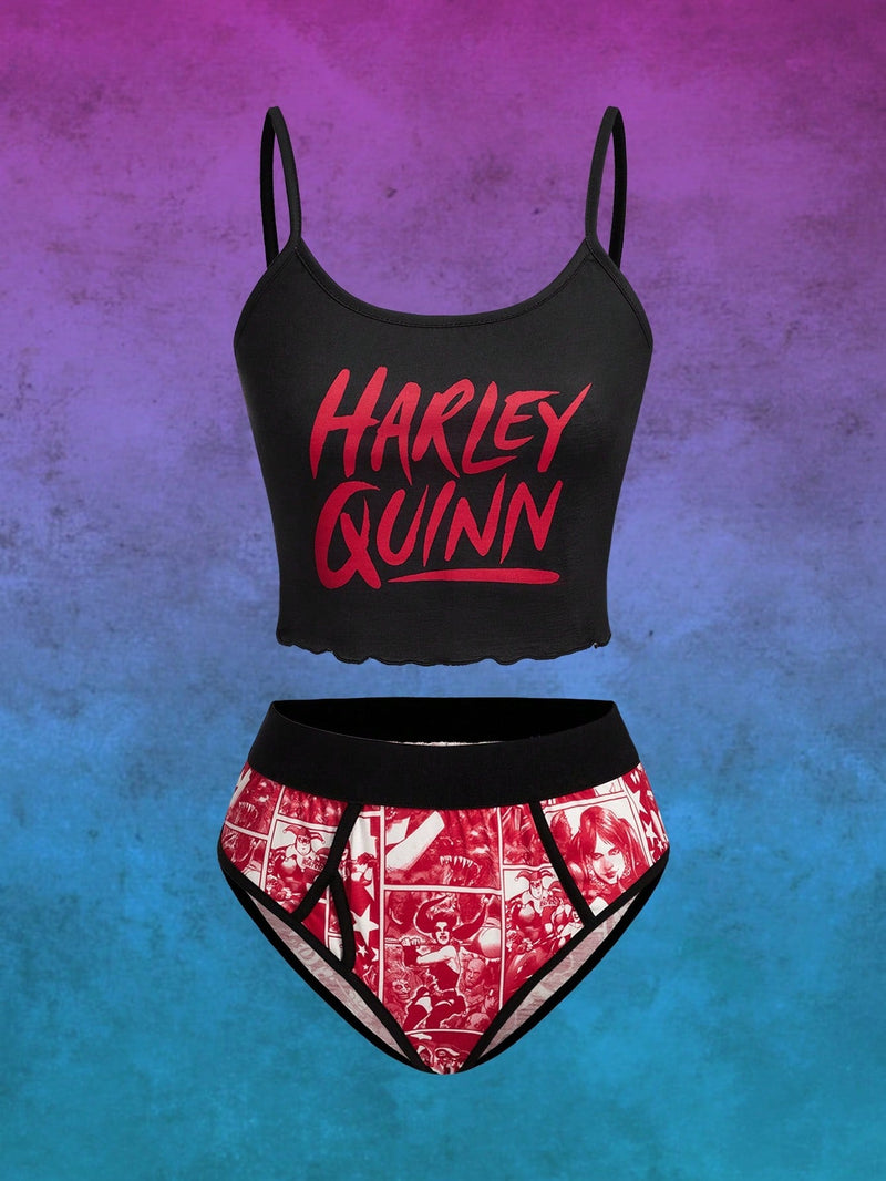 Harley Quinn | ROMWE Conjunto De Lenceria De Bralette De Tirantes Spaghetti Estampado Harlequin Y Panty De Triangulo De Bloques De Color Para Mujeres