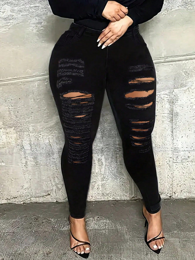 Pantalones Jeans de mujer de corte ajustado con diseno rasgado y bolsillos