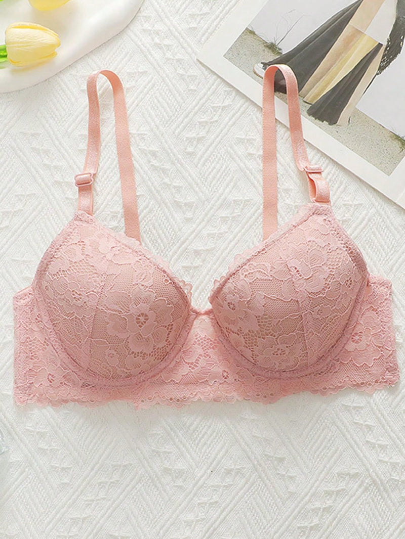 Sujetador bralette rosa de encaje para adolescente, tipo ajustable fino, alambre de soporte lateral, push-up y comodo para uso diario