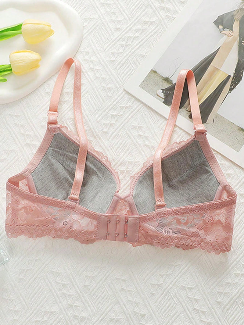 Sujetador bralette rosa de encaje para adolescente, tipo ajustable fino, alambre de soporte lateral, push-up y comodo para uso diario