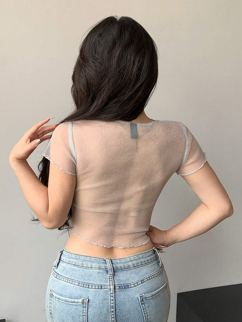 DAZY Top corto con mangas cortas atado al frente con malla solida y sexy para mujer, adecuado para verano