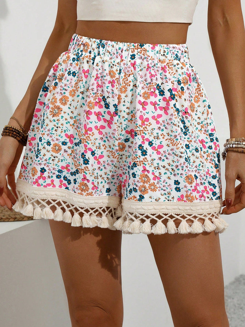 VCAY Mujeres Shorts con decoracion de borlas y estampado floral, adecuados para verano y vacaciones