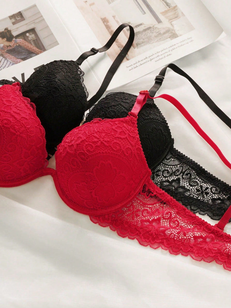 2 piezas de sostenes push-up sexy de encaje floral negro/rojo para mujeres con aros de acero, tela comoda y transpirable y espalda de encaje con gancho trasero, adecuados para citas de vacaciones y uso diario con estilo europeo y americano