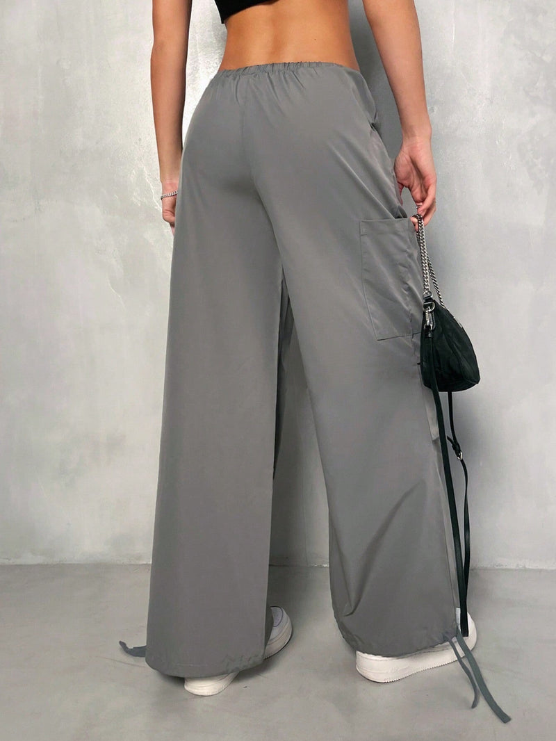 EZwear Pantalones De Pierna Ancha Tejidos De Mujer En Gris Con Bolsillos Multiples