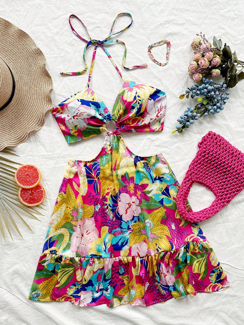 Wywh vestido corto para mujer con cuello halter estampado de verano, hebilla circular, lazo en la espalda, estampado floral de colores y dobladillo con volantes, ideal para vacaciones en la playa