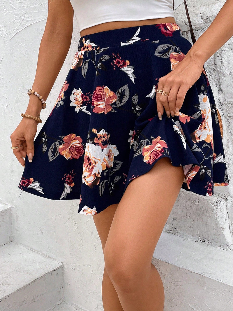 Frenchy Minifalda estampada floral, patron de verano Skort estampado con pantalon corto incorporado