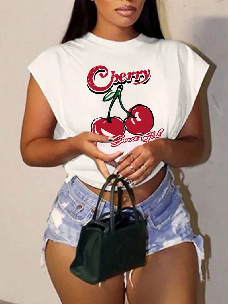 Camiseta informal de manga corta y cuello redondo con estampado de cerezas holgada para mujeres, chica dulce de cerezas de verano