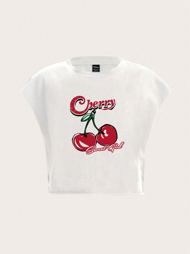 Camiseta informal de manga corta y cuello redondo con estampado de cerezas holgada para mujeres, chica dulce de cerezas de verano