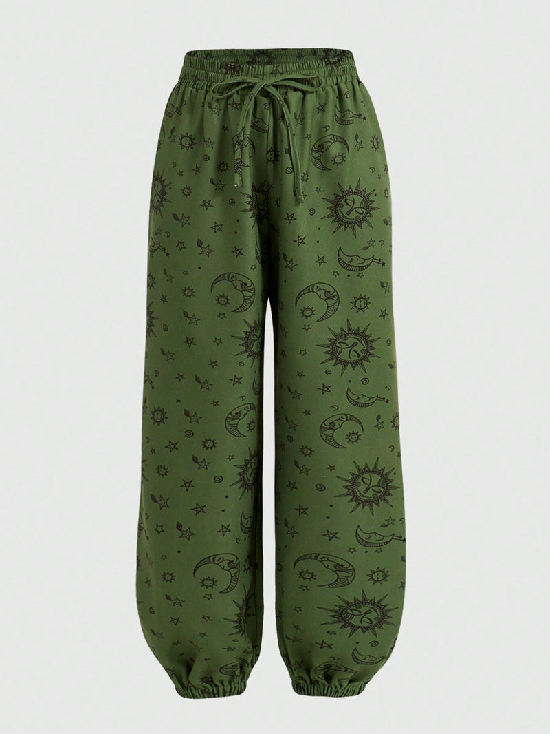 ROMWE Hippie Joggers casuales con estampado de sol, luna y estrellas y cintura con cordon