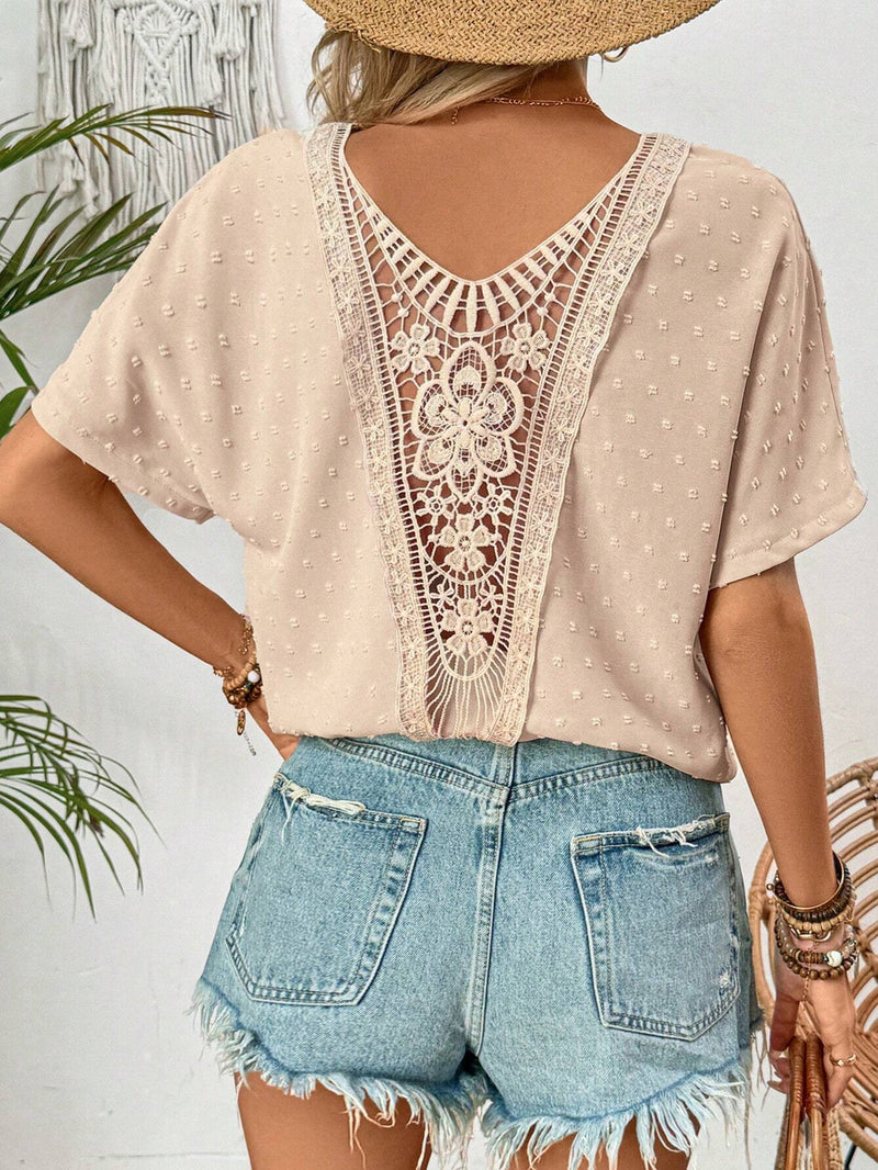 Blusa elegante para mujer con cuello en V de encaje contrastante para vacaciones