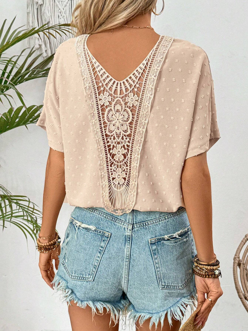 Blusa elegante para mujer con cuello en V de encaje contrastante para vacaciones