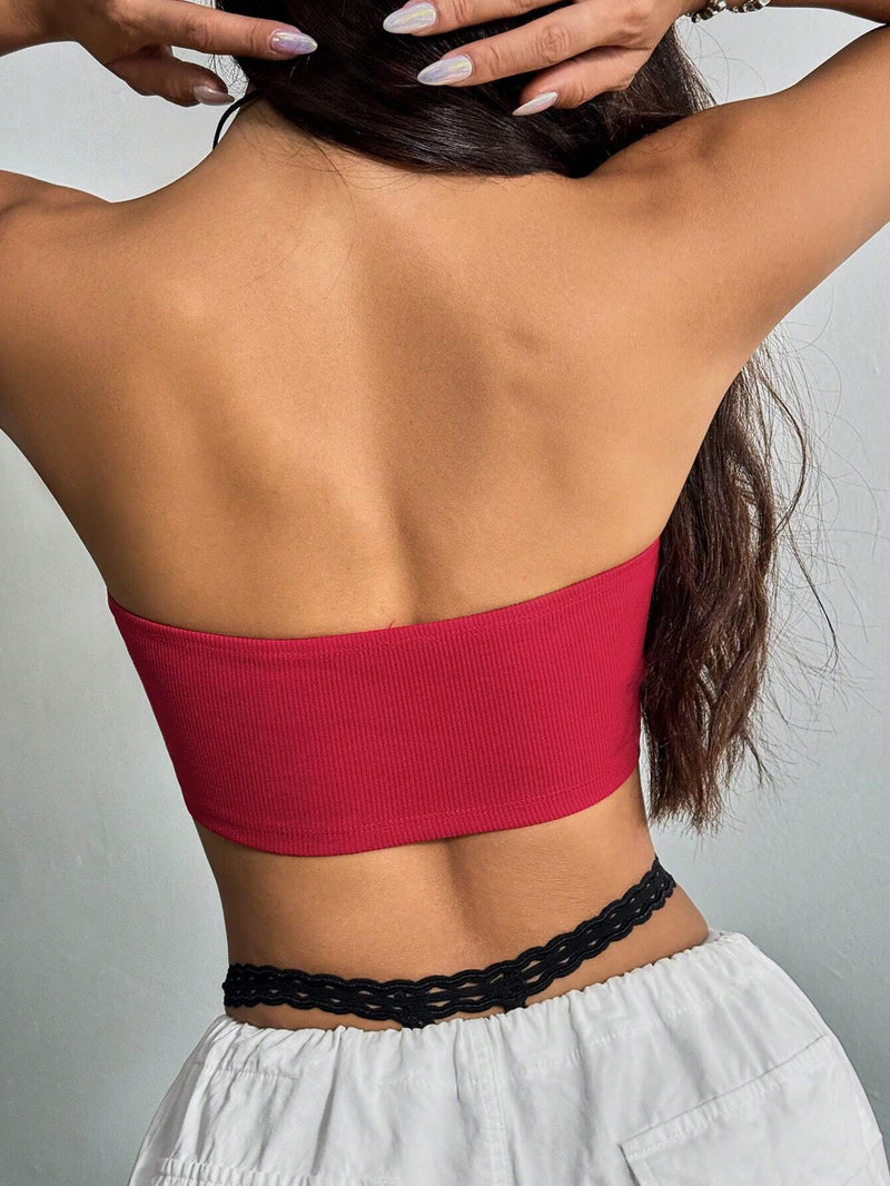 EZwear Top Brasier sin tirantes Rojo de Verano con Pliegues Frontales y Abertura Lateral