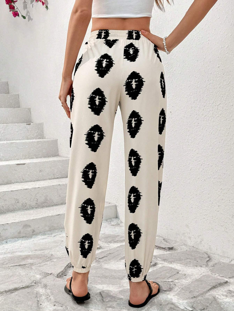 Essnce Pantalones informales para mujer con cintura ajustable y diseno de puntera en forma de almendra y estampado de patron en negro para verano