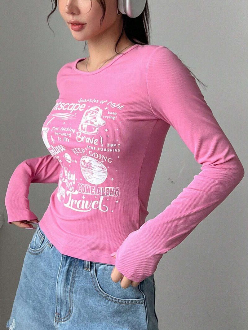 Camiseta casual de mujer de manga larga y cuello redondo con impresion de lema