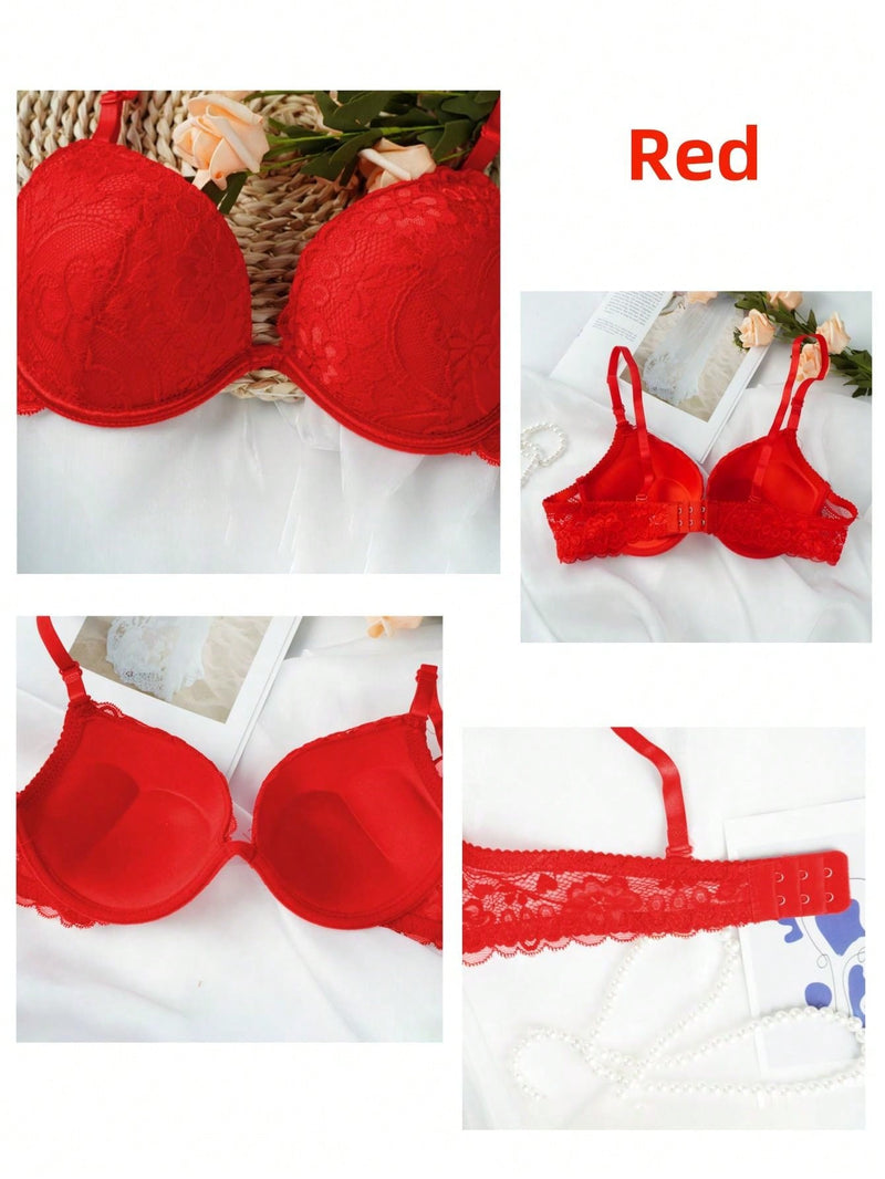 2 piezas de sujetadores con aros de encaje floral rojo/albaricoque con efecto push-up para mujer, ropa interior femenina con cierre trasero para busto/pecho pequeno, lenceria sexy y de unicolor para pechos pequenos, sosten de apoyo con tirantes