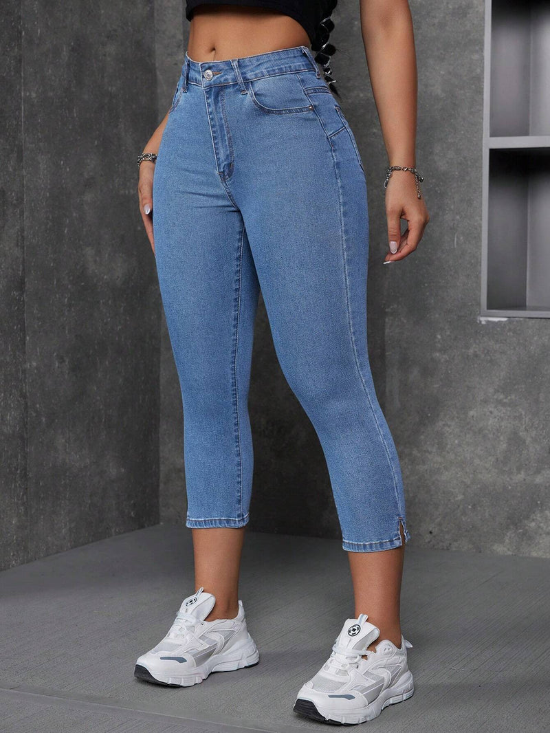 EZwear Jeans casuales para mujeres ajustados y de siete puntos con rajas y bolsillos laterales