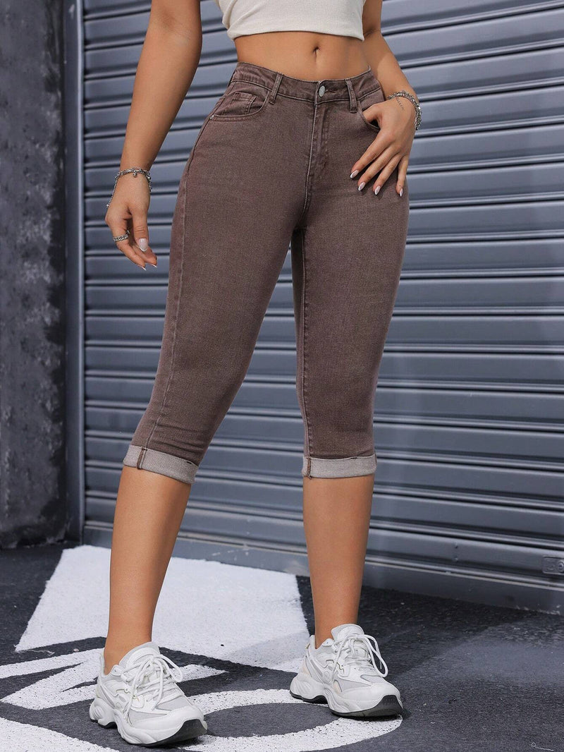 EZwear Mujeres capris de mezclilla lavados con agua ajustados y de moda con bolsillos diagonales para actividades al aire libre