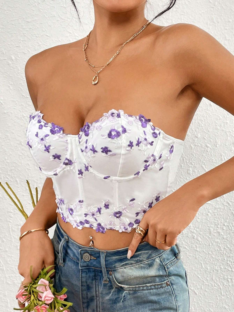 BAE Top corto bordado floral adelgazante de mujer para vacaciones casuales