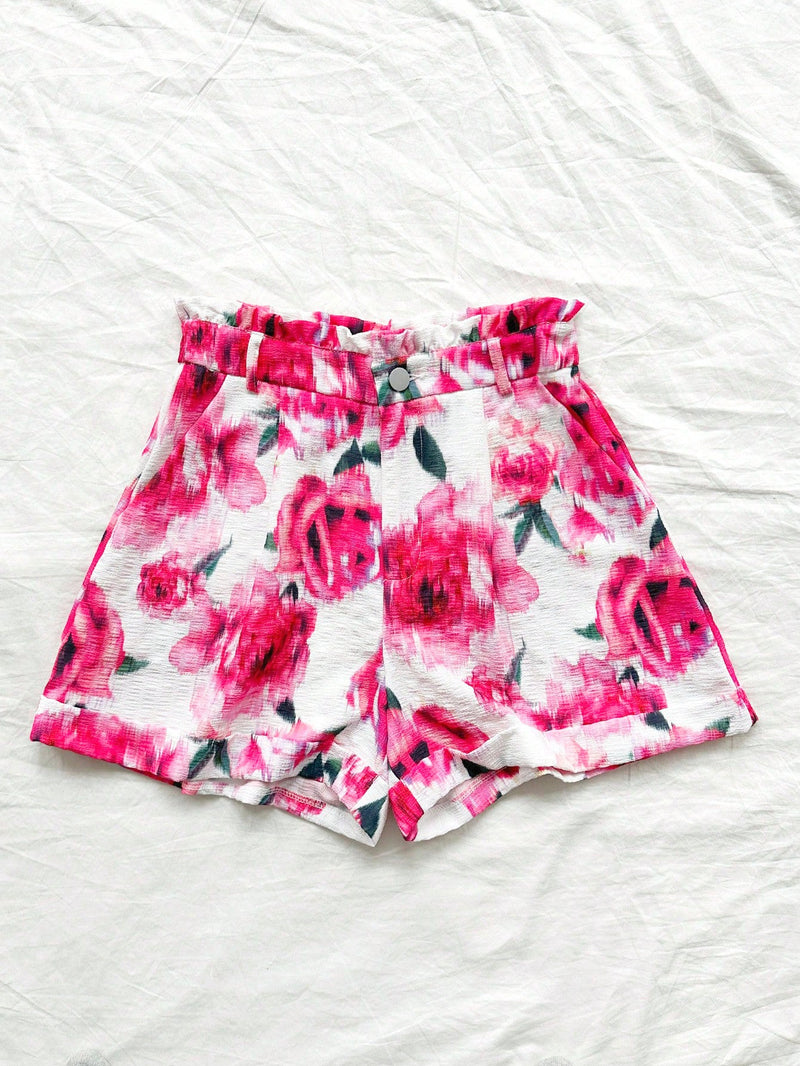 WYWH Mujeres romanticas, estilo rural, pantalones cortos de cintura elastica con estampado floral rosa, ribete con volantes de oreja y bolsillos de corte sesgado, perfectos para vacaciones de verano y temporada de bodas.