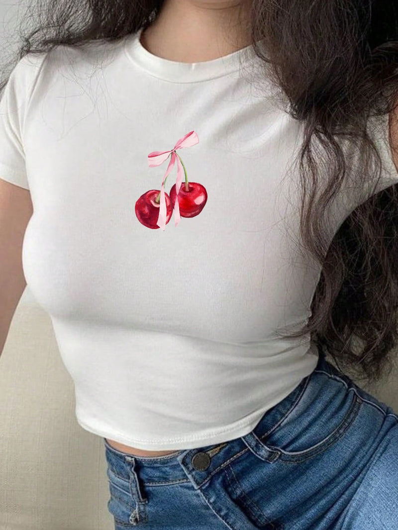 EZwear Camiseta de manga corta de verano para mujer con cuello redondo, ajuste entallado y estampado de cerezas y lazos