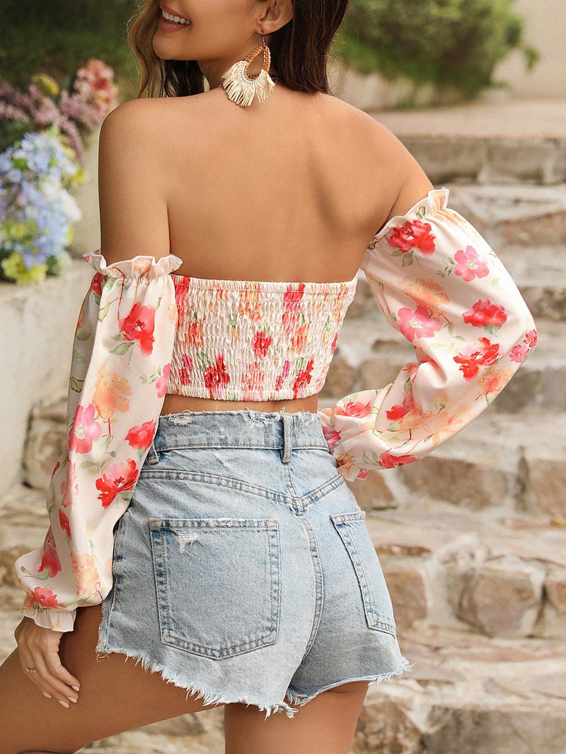 VCAY Blusa sin tirantes con estampado floral para mujeres