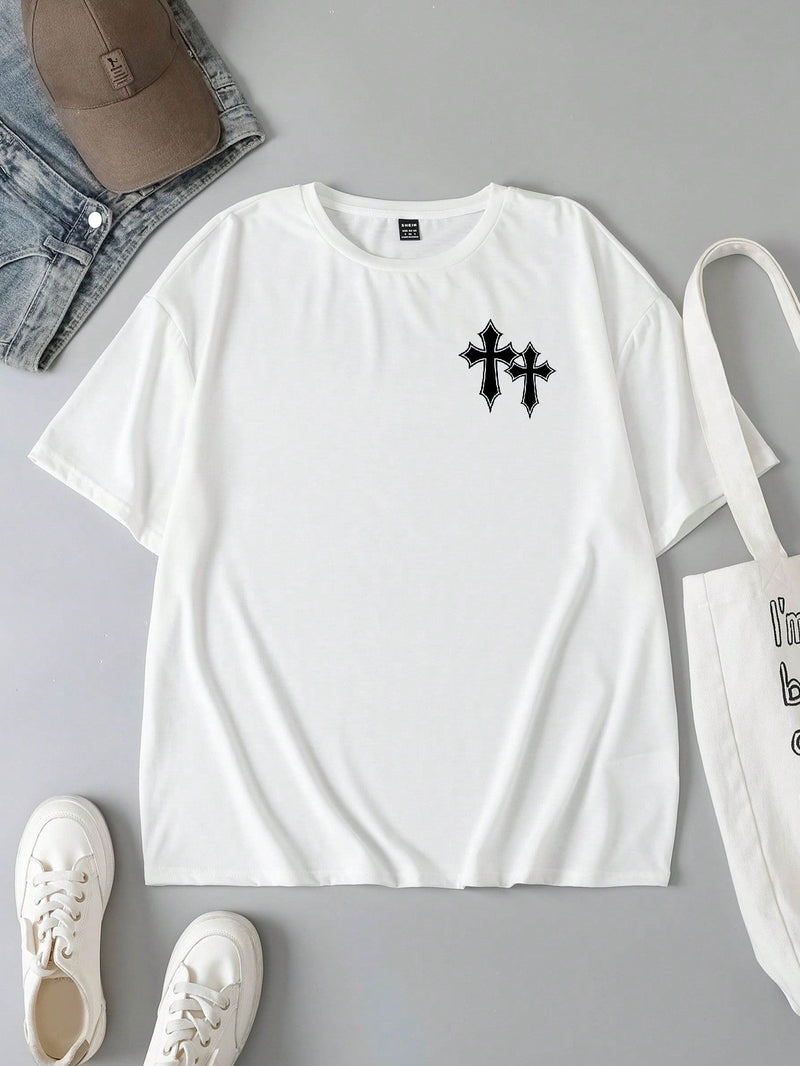 Camiseta casual de manga corta con cuello redondo estampada con cruz para mujer, holgada y adecuada para el verano