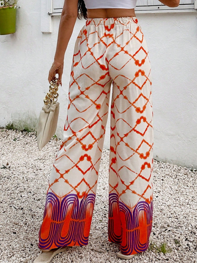 Pantalon de viscosa con estampado tie-dye y estampado colocado, cinturon elastico