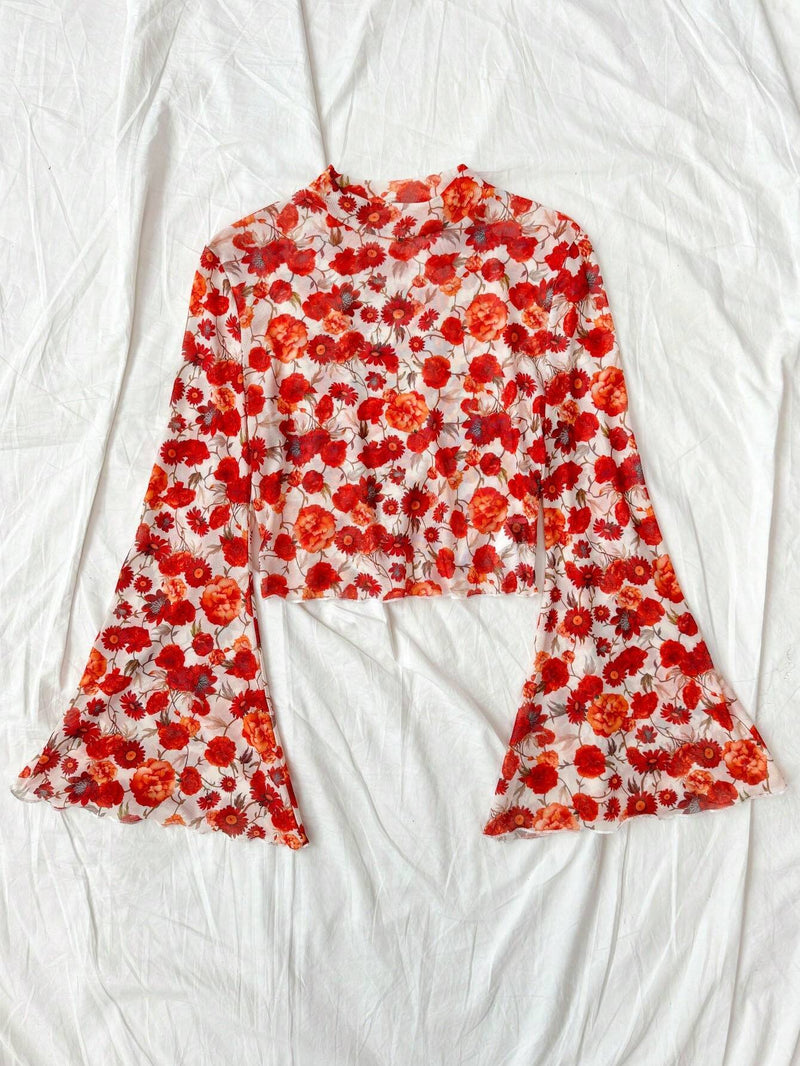 WYWH Blusa De Manga Acampanada Con Estampado Floral Y Dobladillo Con Volantes