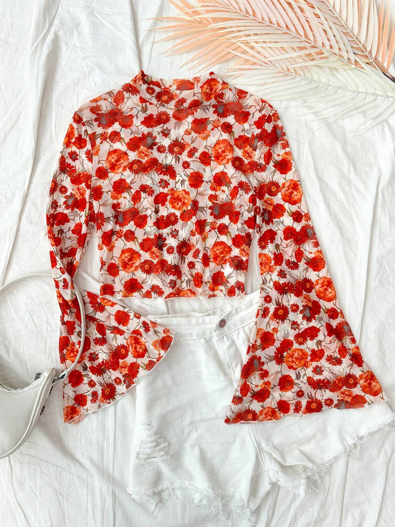 WYWH Blusa De Manga Acampanada Con Estampado Floral Y Dobladillo Con Volantes