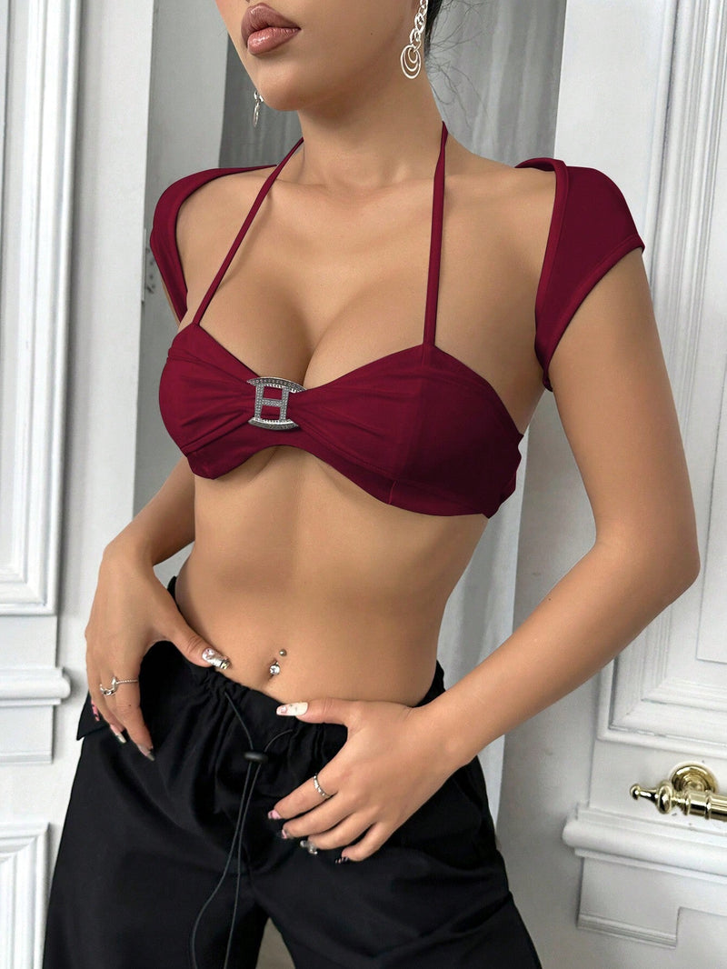 ICON Conjunto de dos piezas de moda que incluye un top micro corto y un top de cuello halter