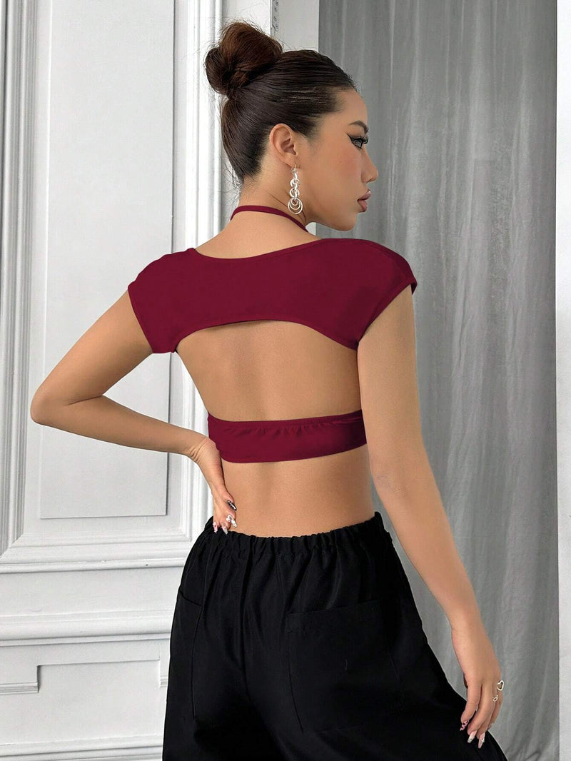 ICON Conjunto de dos piezas de moda que incluye un top micro corto y un top de cuello halter