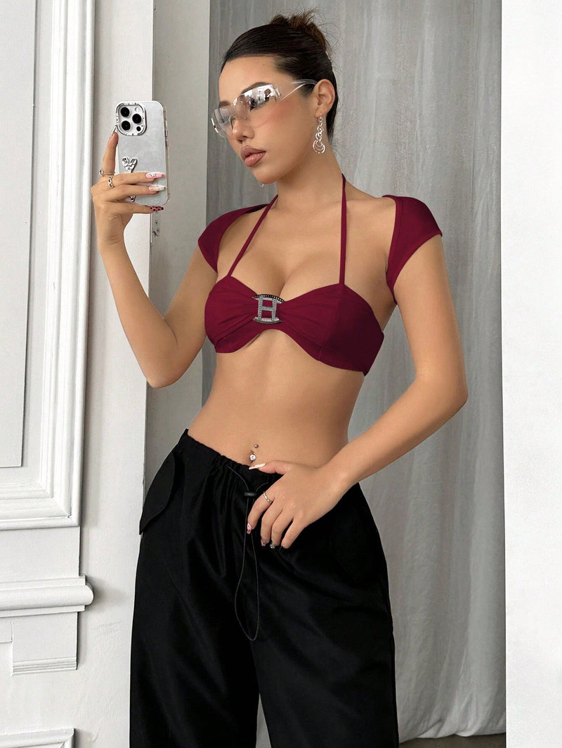 ICON Conjunto de dos piezas de moda que incluye un top micro corto y un top de cuello halter