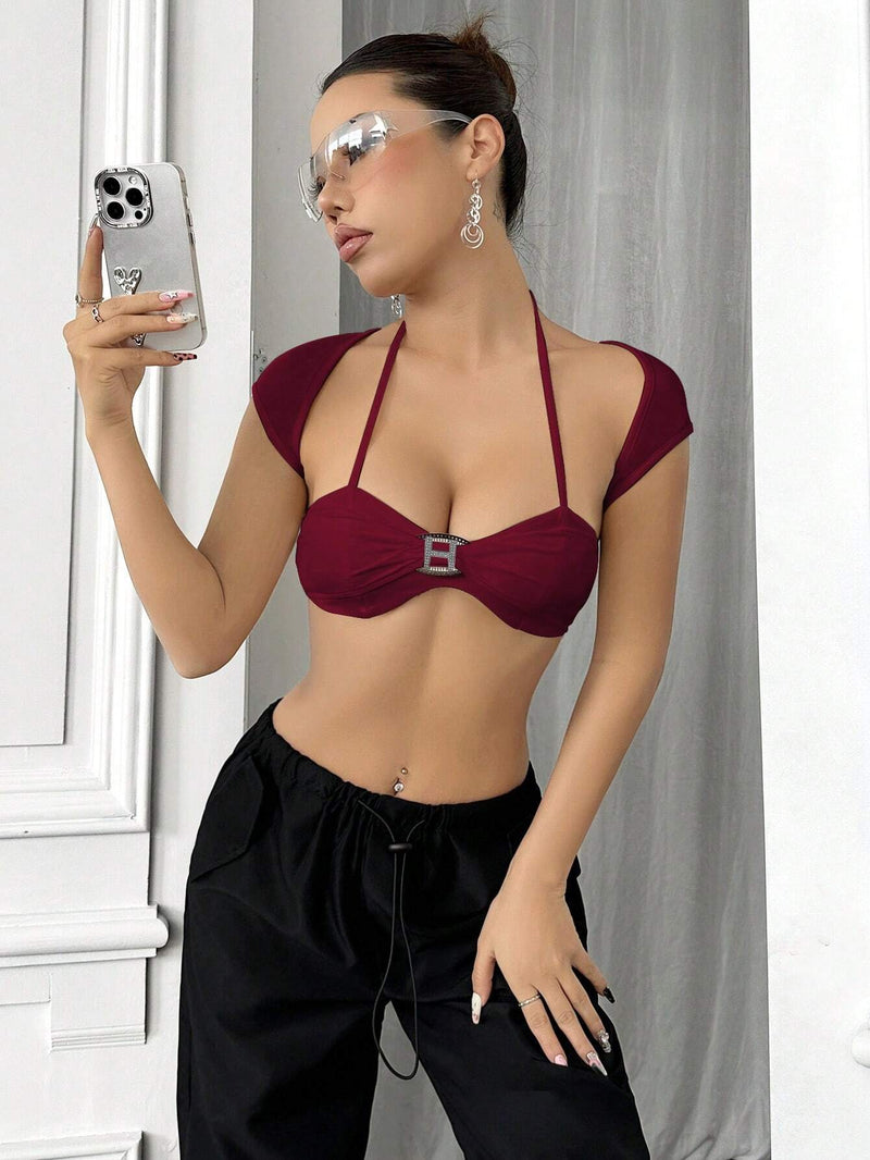 ICON Conjunto de dos piezas de moda que incluye un top micro corto y un top de cuello halter