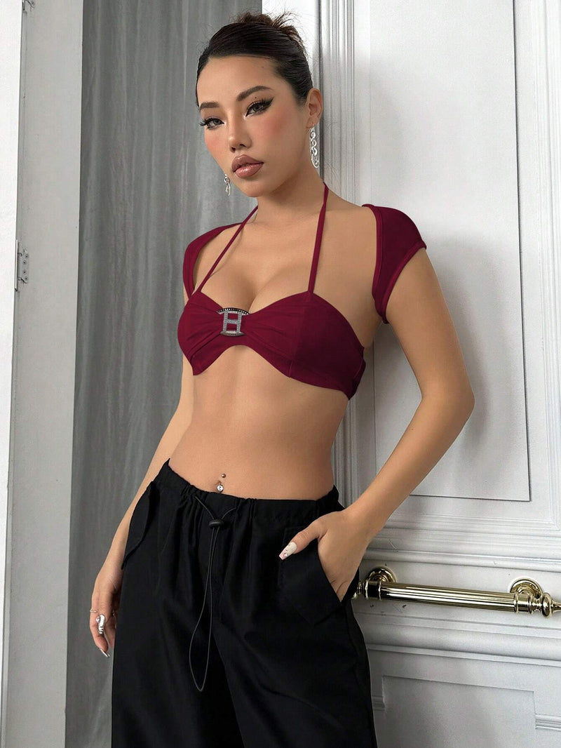 ICON Conjunto de dos piezas de moda que incluye un top micro corto y un top de cuello halter